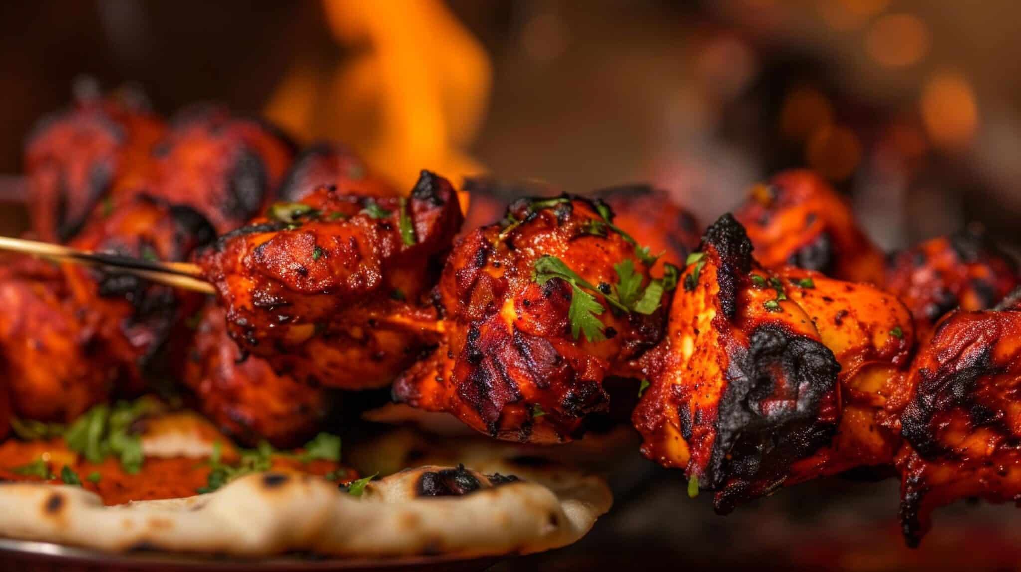 La barna nyte saftig kylling tikka med ris eller pommes frites, servert med mild saus etter ønske.
